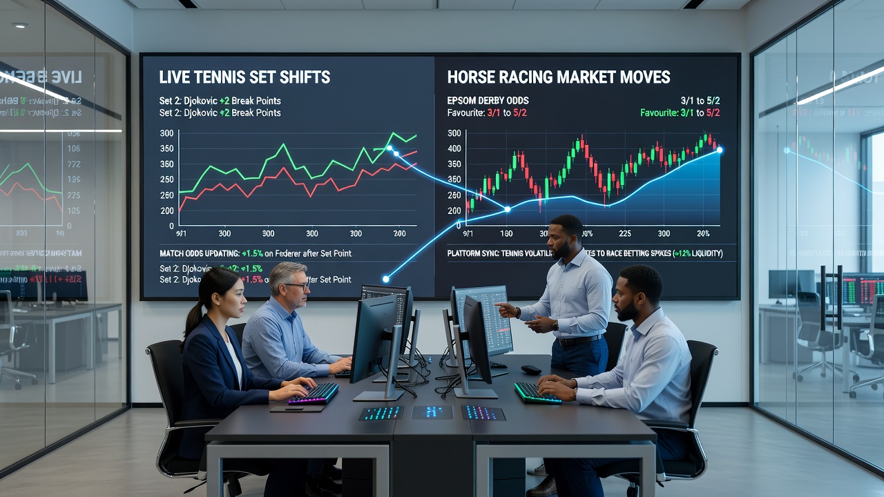 Live dashboard displaying coordinated market updates across tennis sets and horse racing events