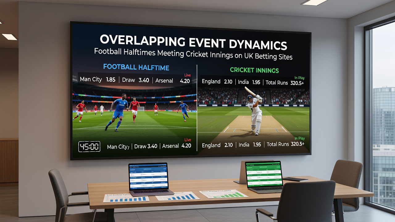 Live odds dashboards showing simultaneous football and cricket markets during overlapping break periods